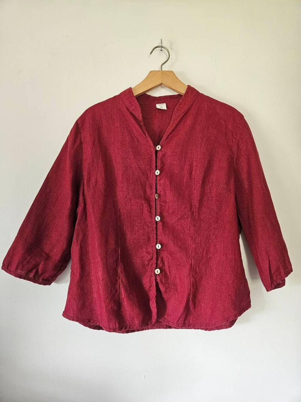 LINTICO 100% Linen Button Front Blouse Wine Red Mandarin Collar 3/4 Sleeve Women